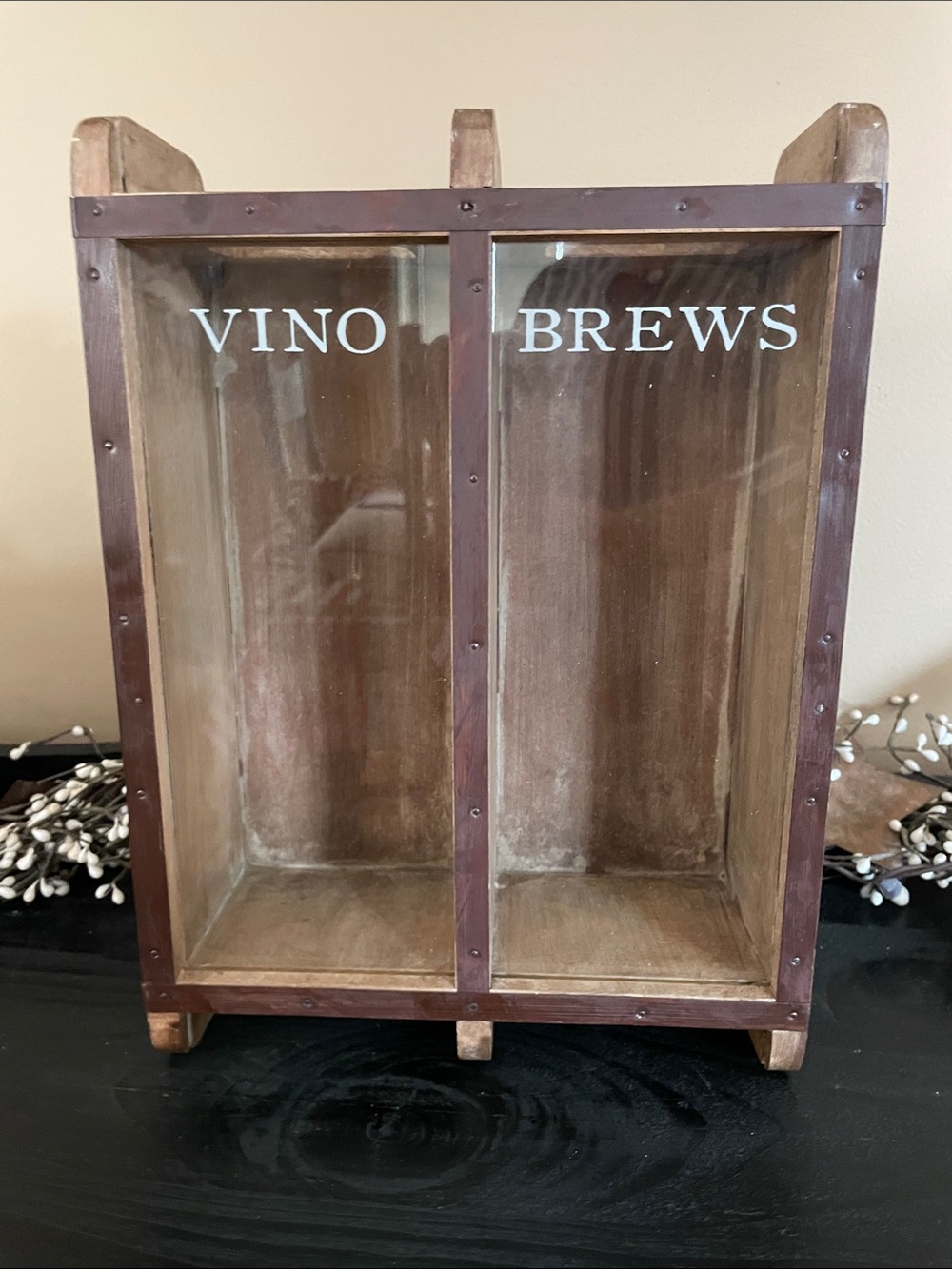 NWT Mud Pie Wooden/Glass Vino & Brews Bottle Cork/Cap Crate-Rustic Brown-13”x9”